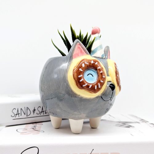 Donut Eyes Grey Cat Planter Pot