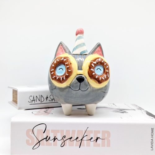 Donut Eyes Grey Cat Planter Pot