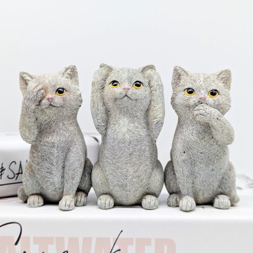 No Evil See Hear Speak Grey Cat Figurine Set