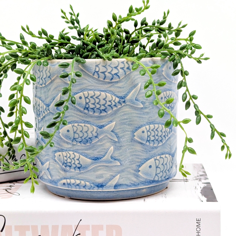 School of Fish Blue Ceramic Planter Pot_A School of Fish Blue Ceramic Planter Pot