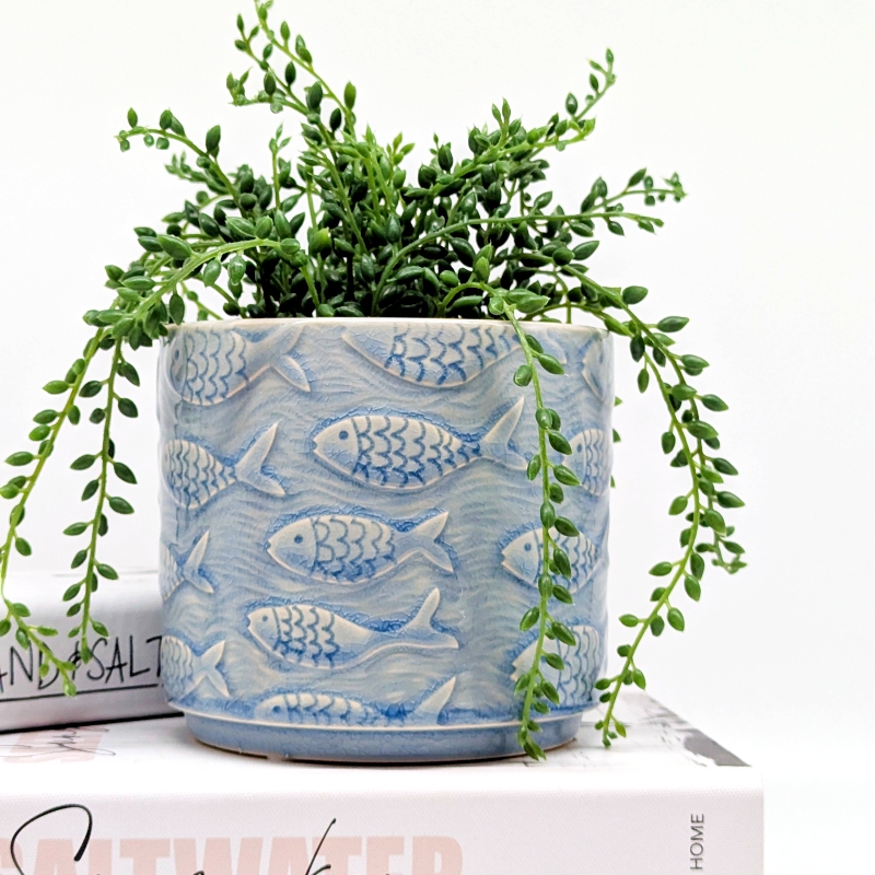School of Fish Blue Ceramic Planter Pot_E School of Fish Blue Ceramic Planter Pot