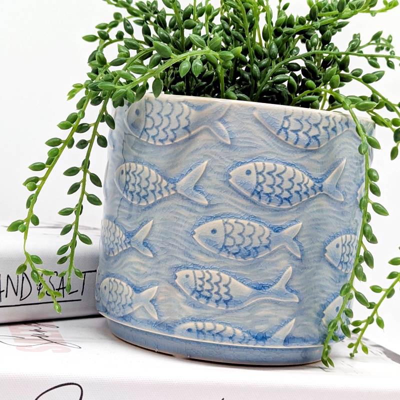 School of Fish Blue Ceramic Planter Pot_F