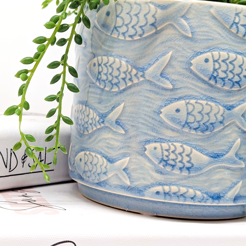 School of Fish Blue Ceramic Planter Pot_g
