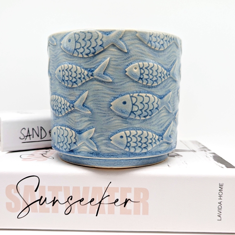 School of Fish Blue Ceramic Planter Pot_k