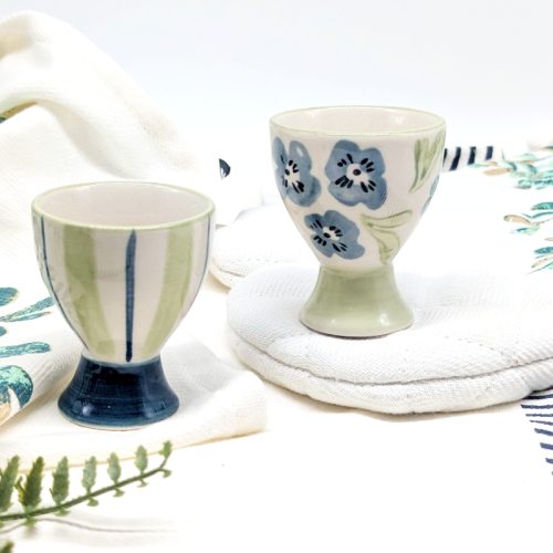 Blue Green Floral Egg Cup Holder Set