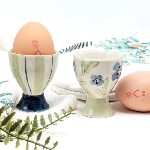 Blue Green Floral Egg Cup Holder Set