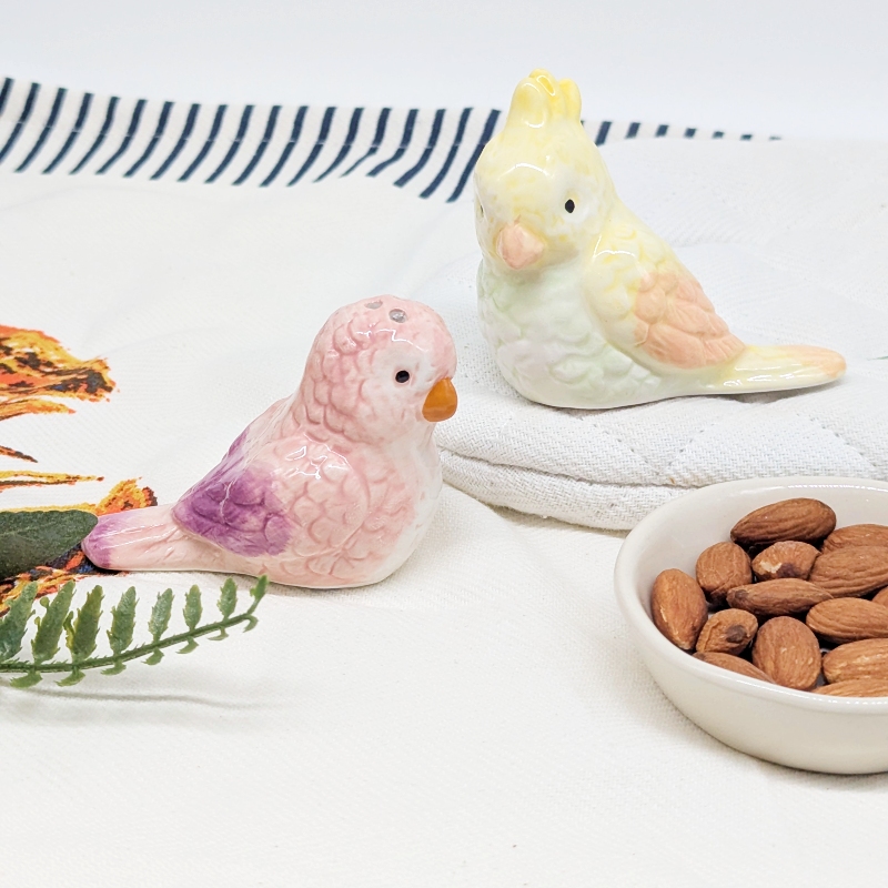 PXL_20251105_031950822 Purple Yellow Parrot Salt Pepper Shaker Set
