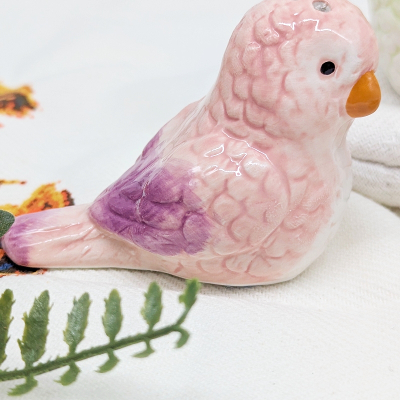 PXL_20251105_032000294 Purple Yellow Parrot Salt Pepper Shaker Set