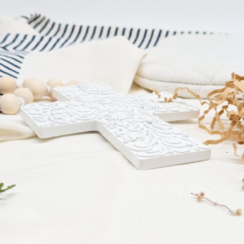 White Floral Embossed Cross Ornament