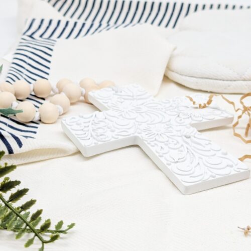 White Floral Embossed Cross Ornament