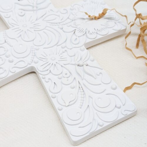 White Floral Embossed Cross Ornament